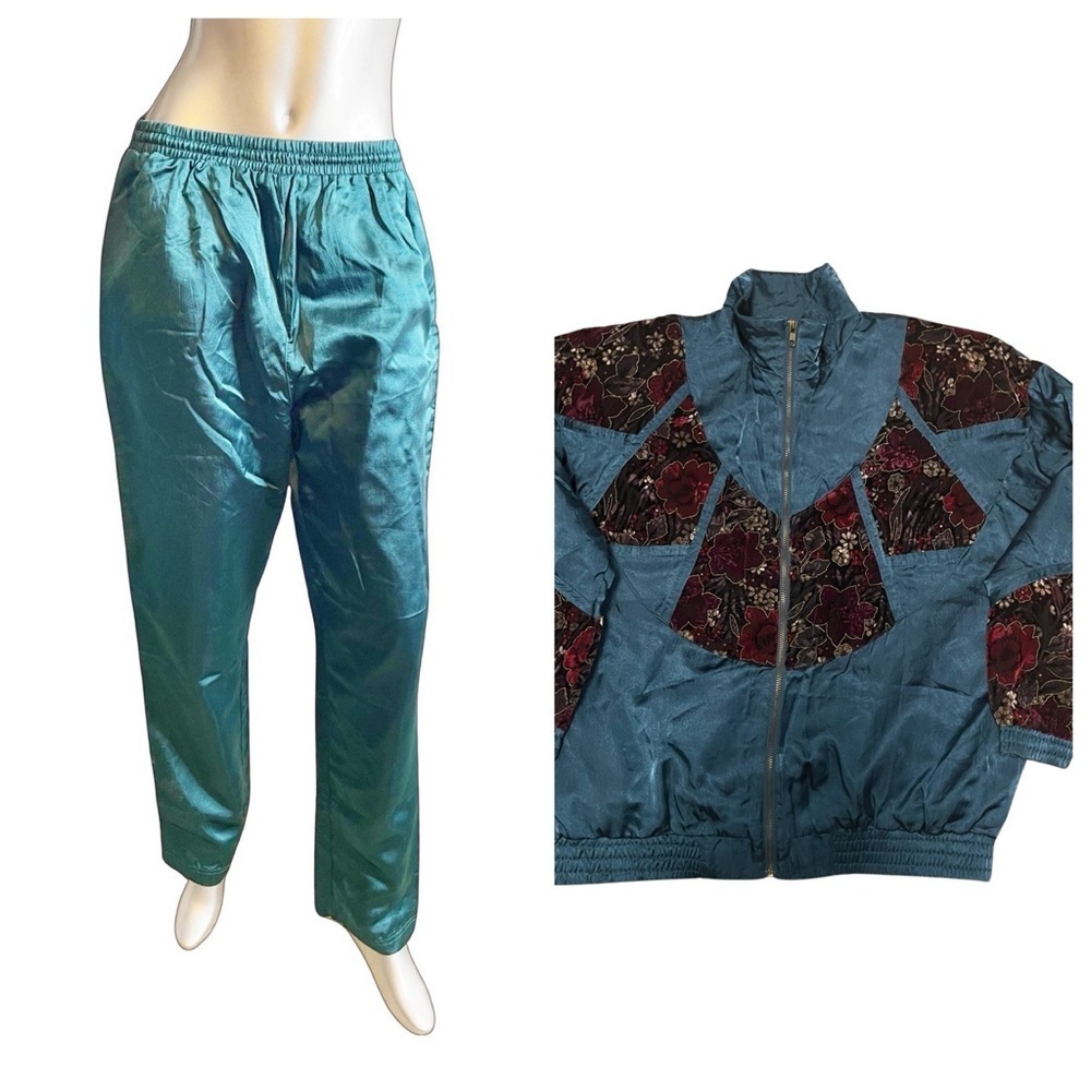 LAVON vintage (1998) Satin feel/ Embroidered floral textured track suit women L